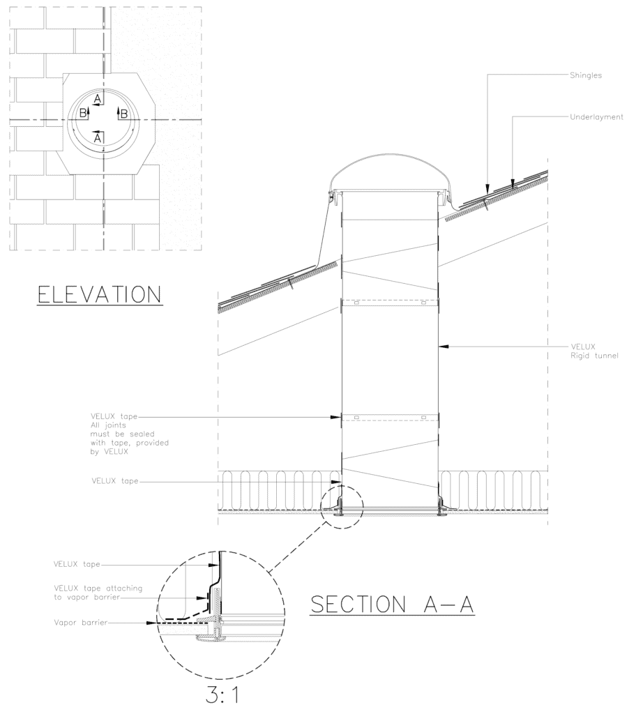 Detail drawing showing Velux installation detail